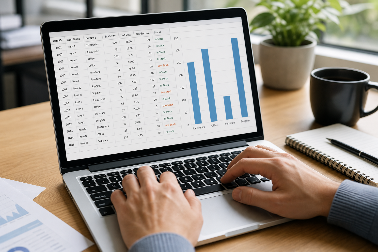 Operations analyst configuring an AI inventory management software pilot on a laptop