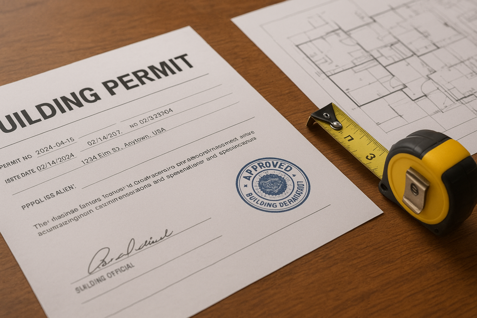Approved building permit document with official stamps and architectural drawings for an ADU project