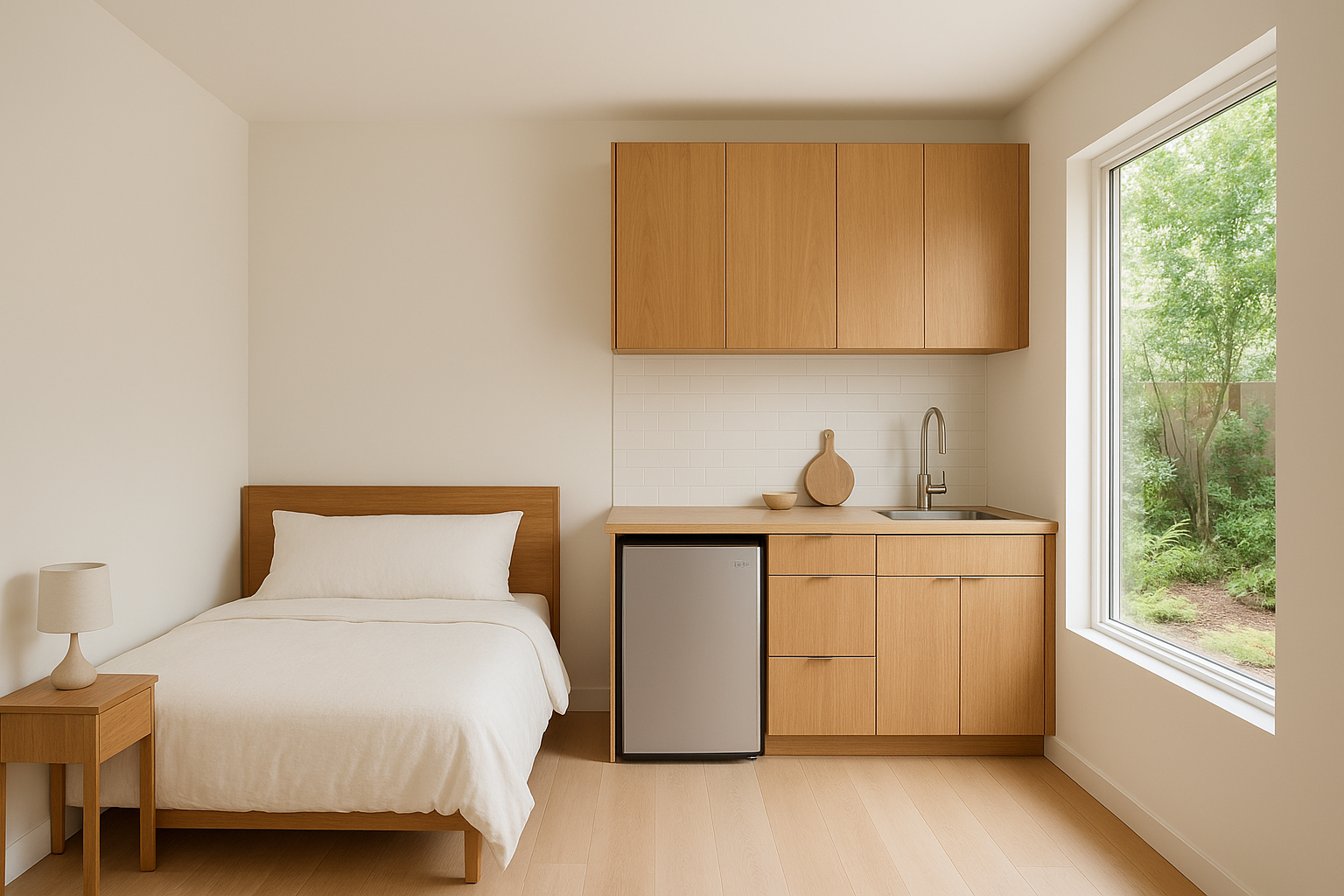 Junior ADU bedroom and kitchenette with wood tones and natural light showing the benefits of compact design
