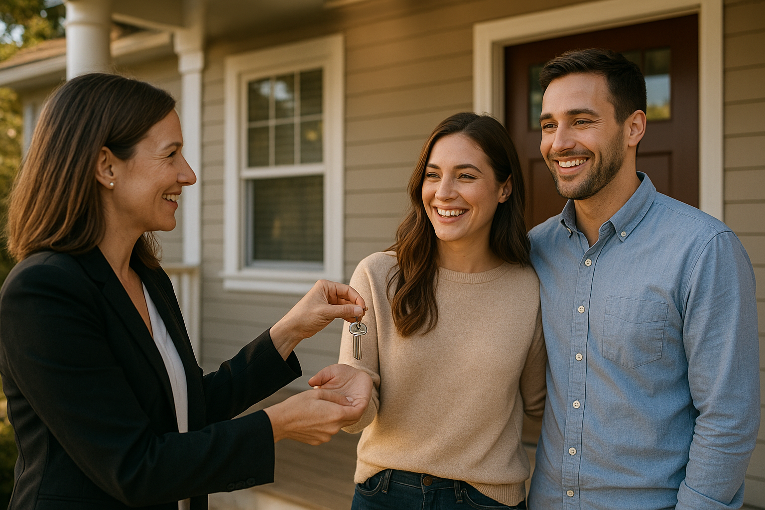 Real estate agent handing house keys to new homeowners who were previously tired of renting
