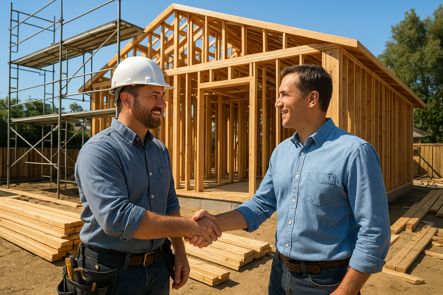 Homeowner and ADU contractor shaking hands after reviewing project plans and contractor reviews