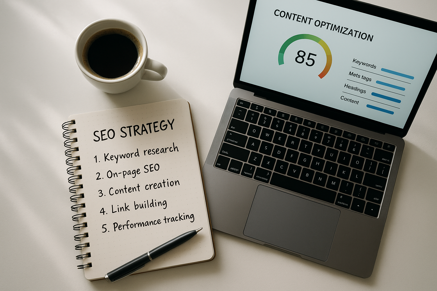 SEO strategy planning with a laptop showing content optimization scores alongside handwritten notes