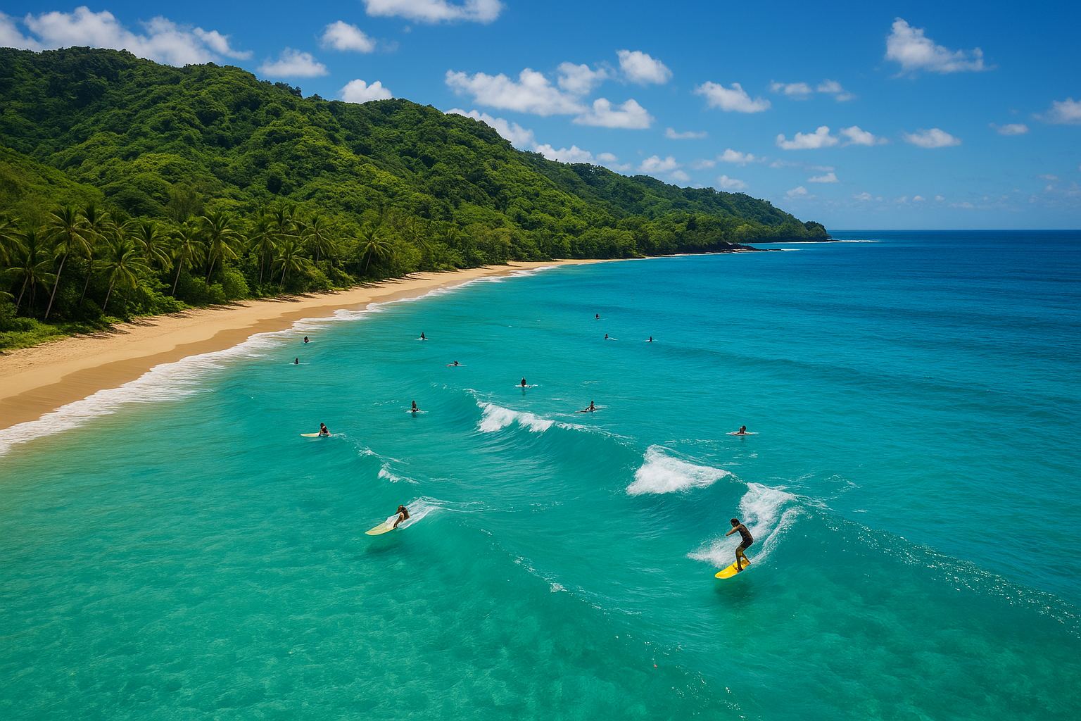 Aerial view of Hawaii surf coaching location with students riding waves at a tropical beach