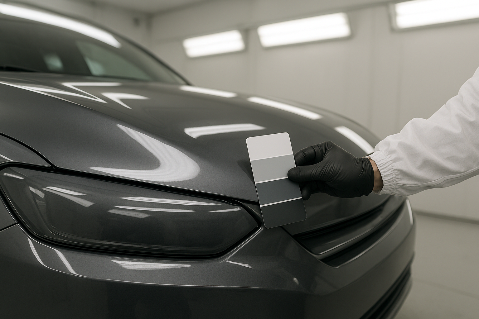 Technician comparing a color swatch card to a freshly painted vehicle panel for accurate paint matching
