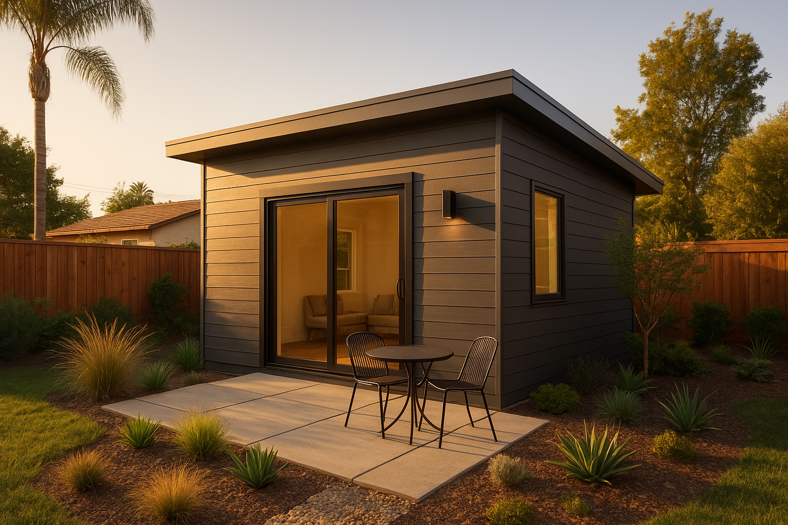 Modular ADU backyard unit in a Southern California residential yard