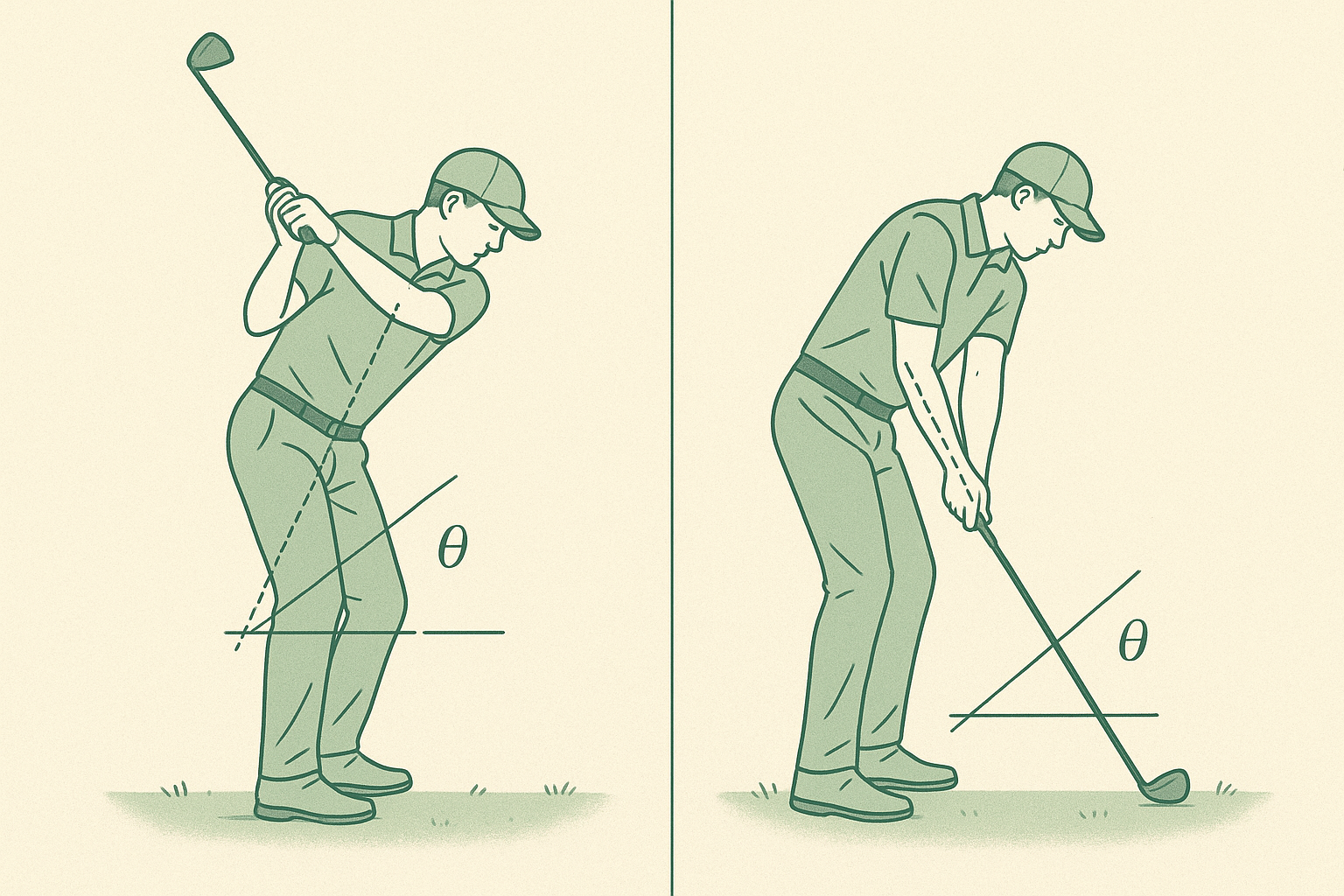 Biomechanical diagram comparing golf swing positions used in professional swing evaluation