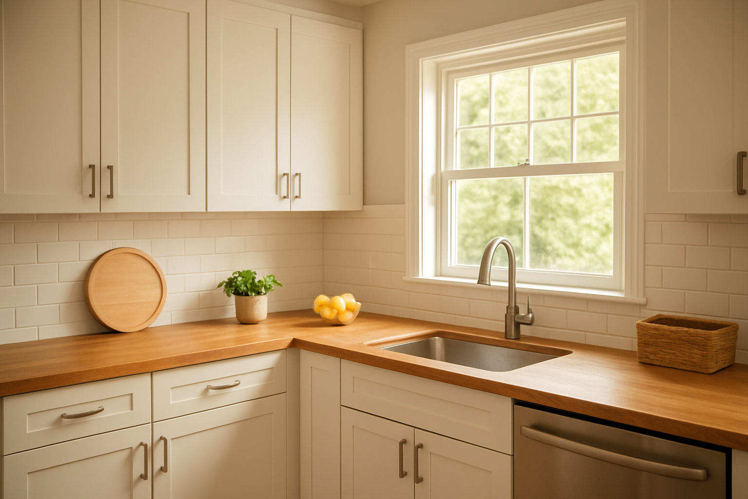 Bright modern kitchen with newly refaced white shaker cabinet doors and warm wood countertops