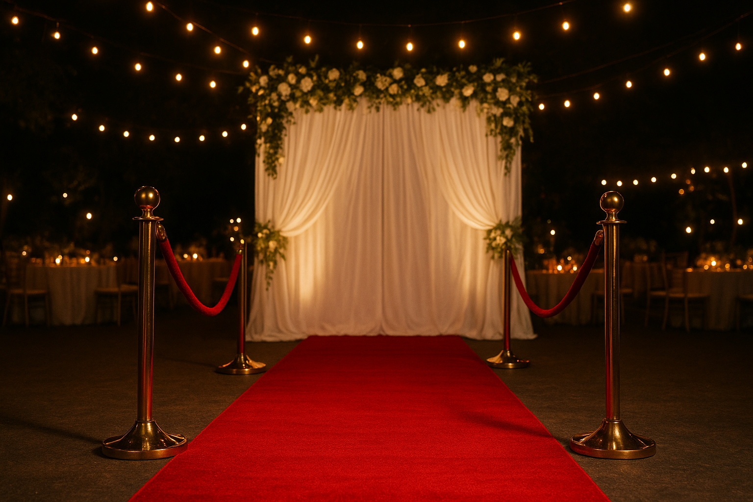 Photo booth rental with red carpet setup featuring gold stanchions at an evening wedding reception