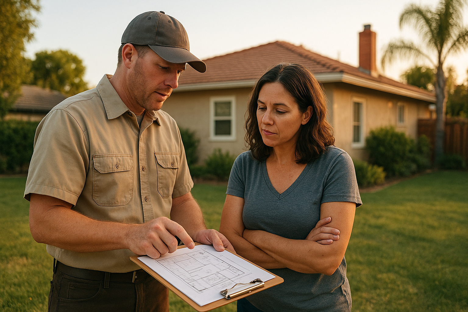 Contractor and homeowner reviewing an ADU site feasibility study plan in a backyard
