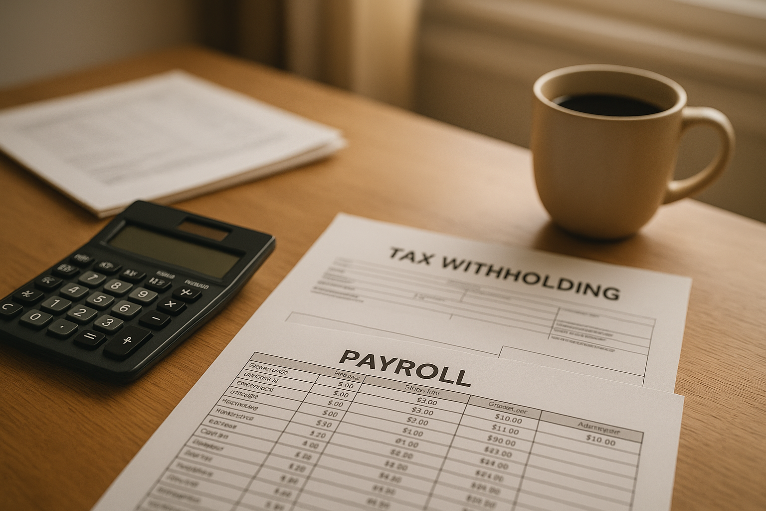 Desk with payroll tax documents representing Minnesota payroll tax compliance