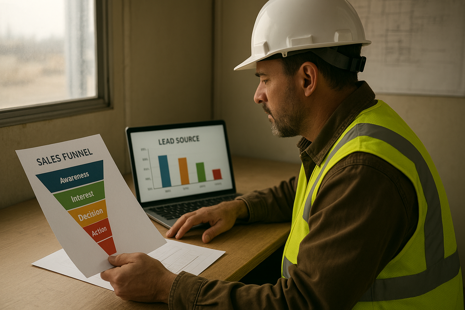 Project manager reviewing lead source data used to calculate marketing ROI