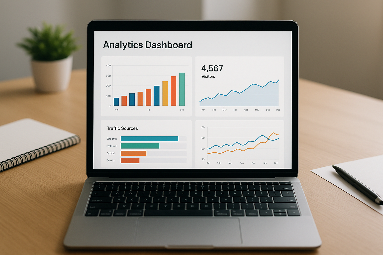 Laptop displaying a website traffic analytics dashboard with visitor charts and metrics