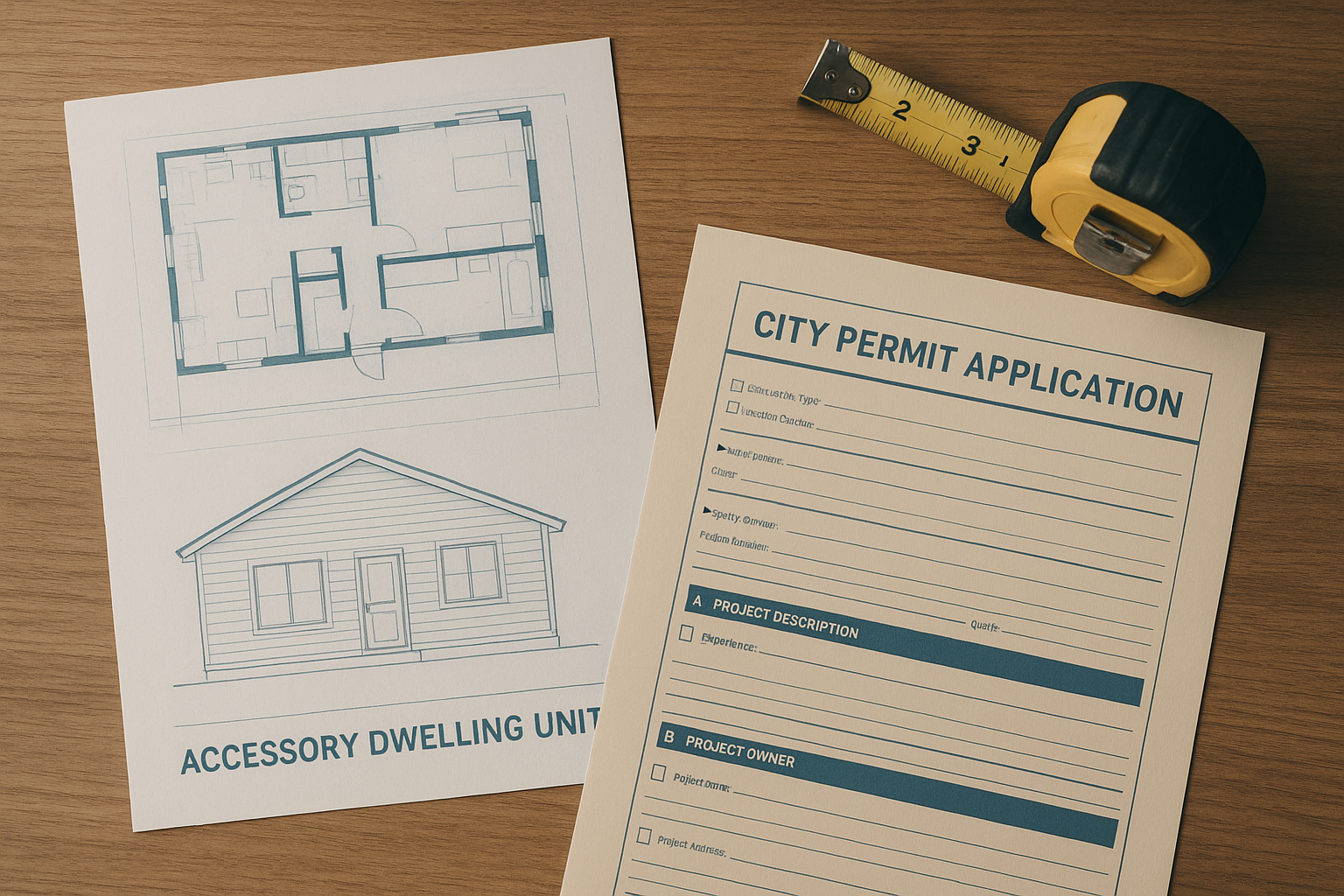 ADU permit coordination services paperwork including blueprints and application forms on a desk