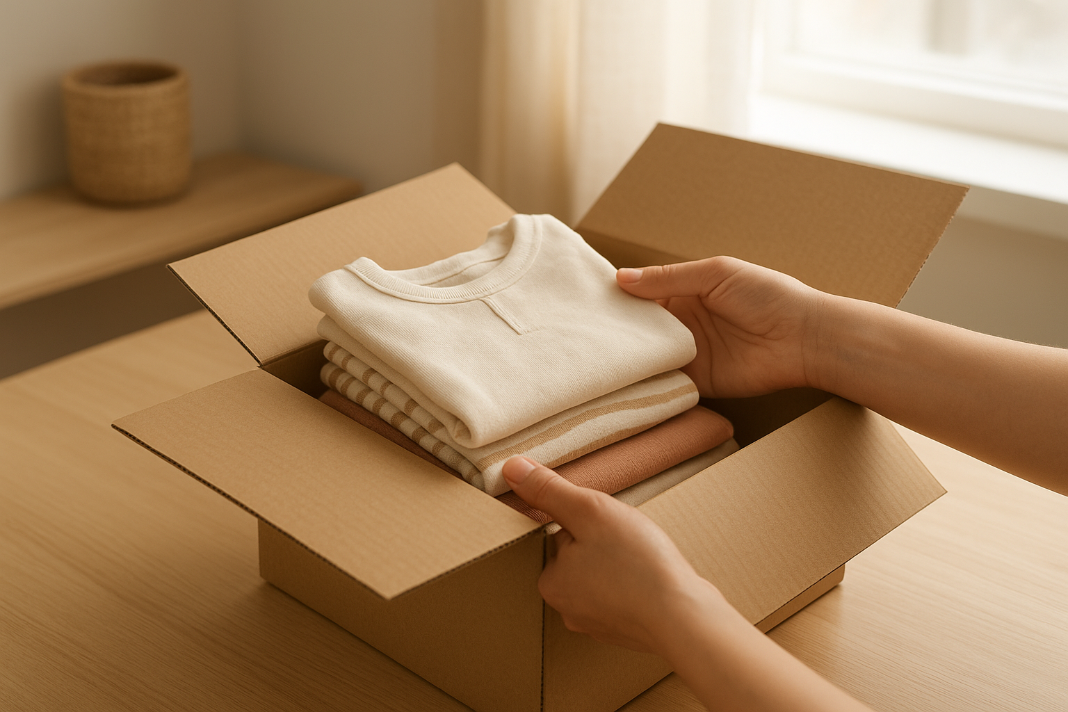 Parent packing a prepaid shipping box to swap children's clothing rental items