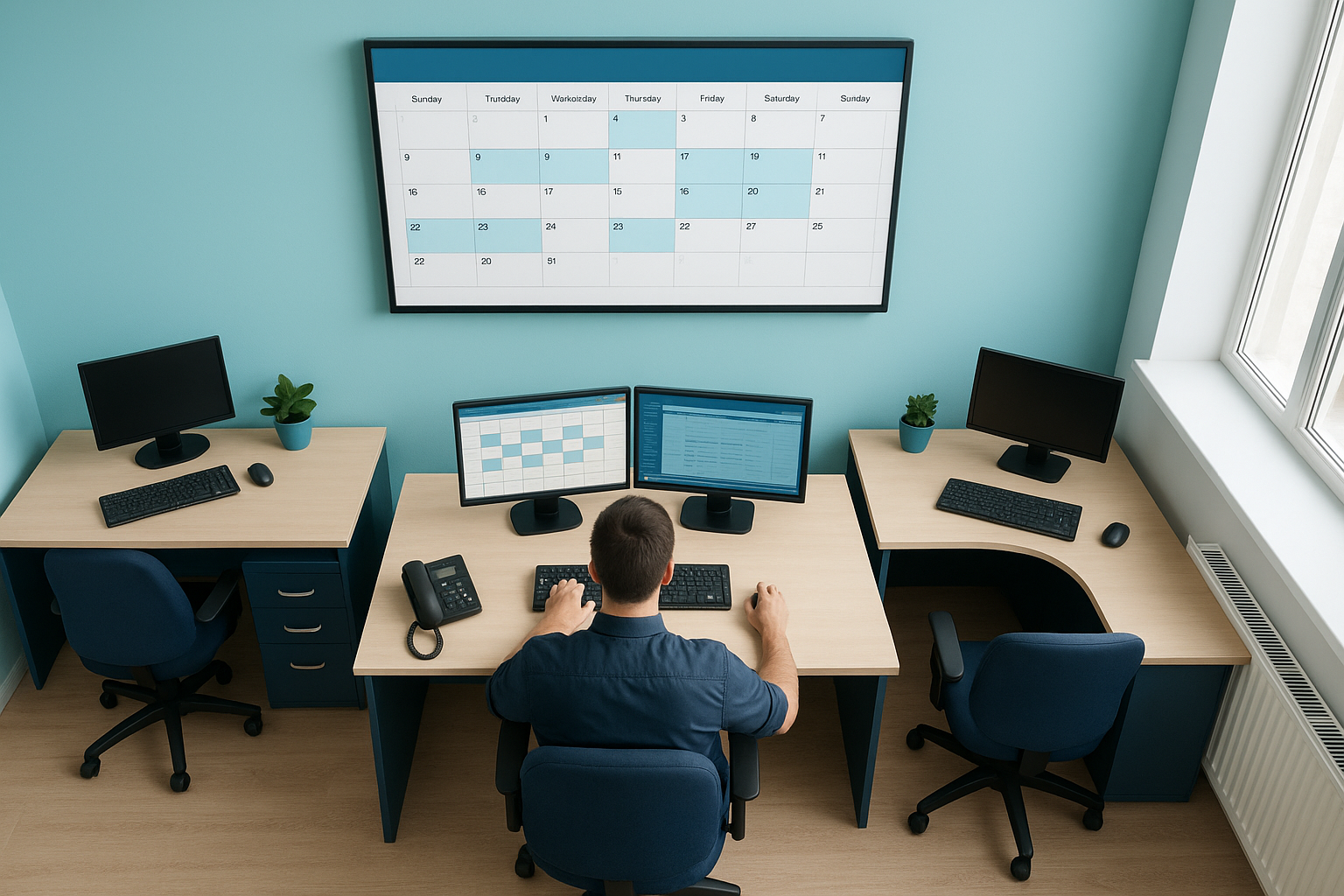 Dispatcher office screen showing a full calendar of jobs booked automatically from phone calls