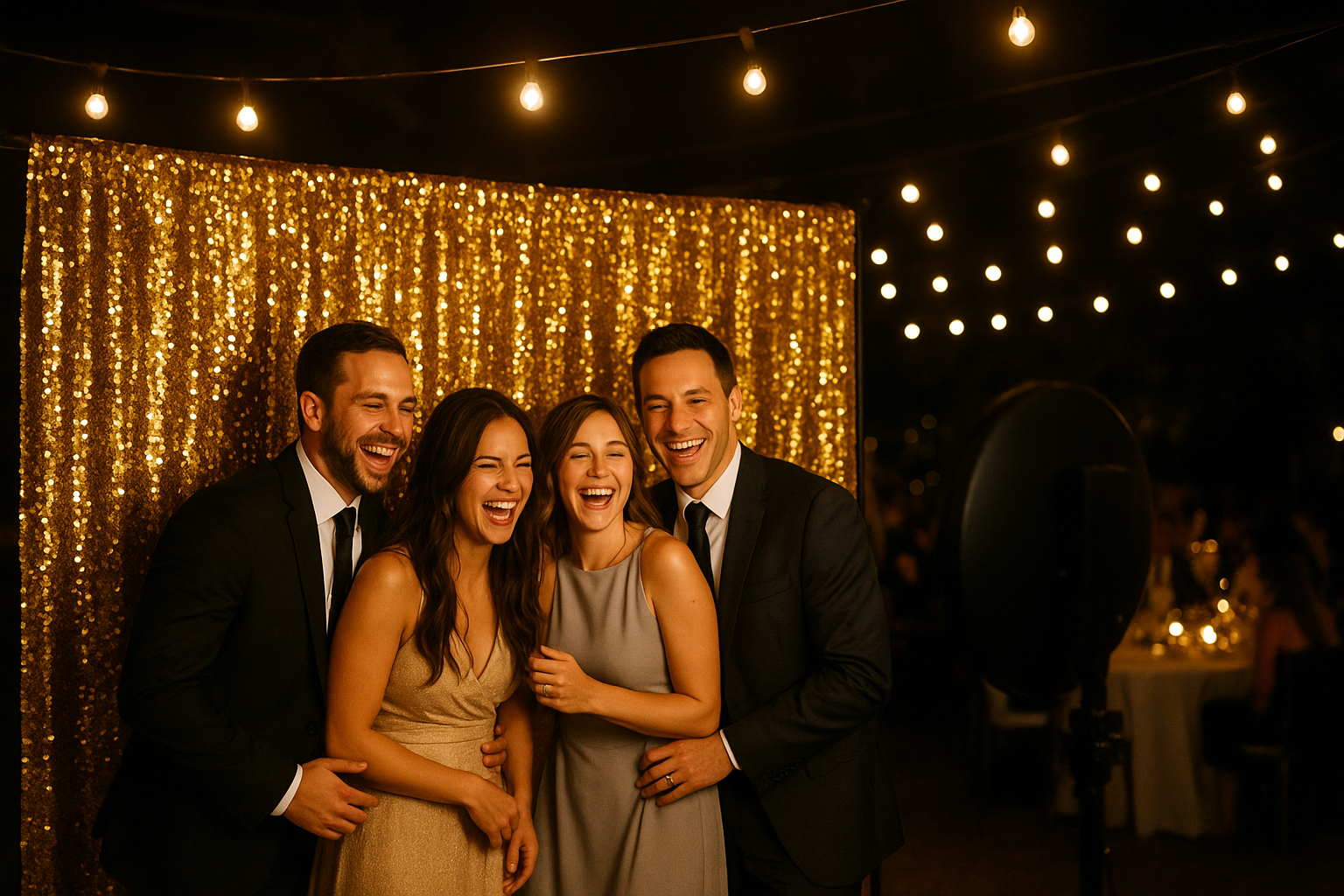 Photo booth with premium backdrop upgrade near me set up at an evening wedding reception