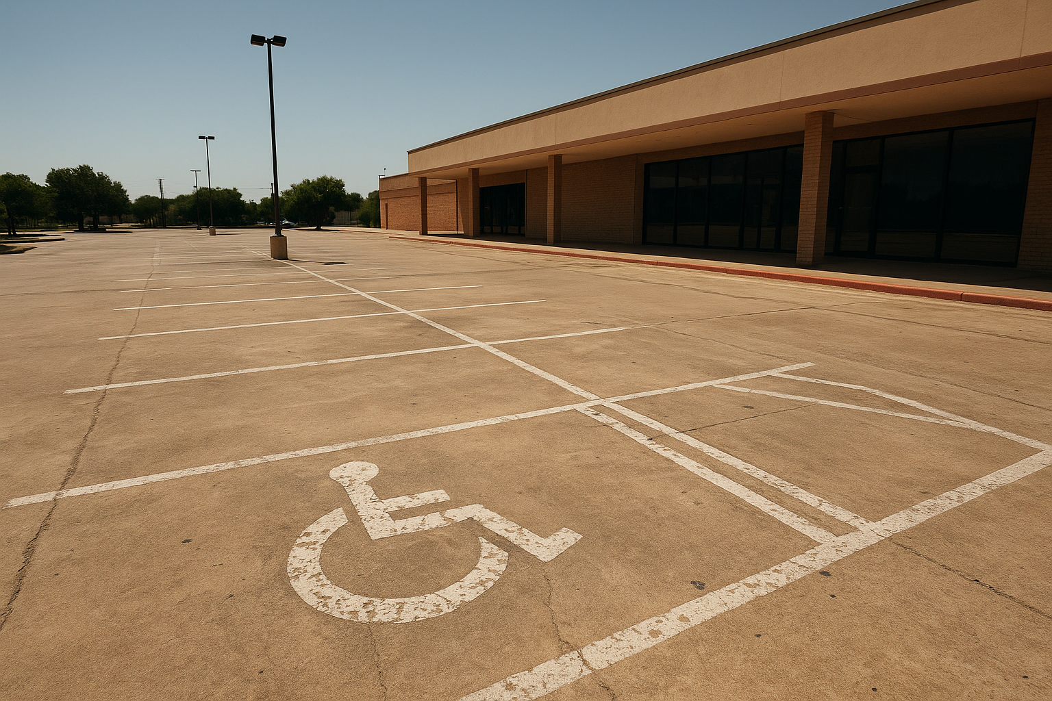Faded accessible parking markings in a Texas parking lot illustrating common ADA parking lot compliance failures
