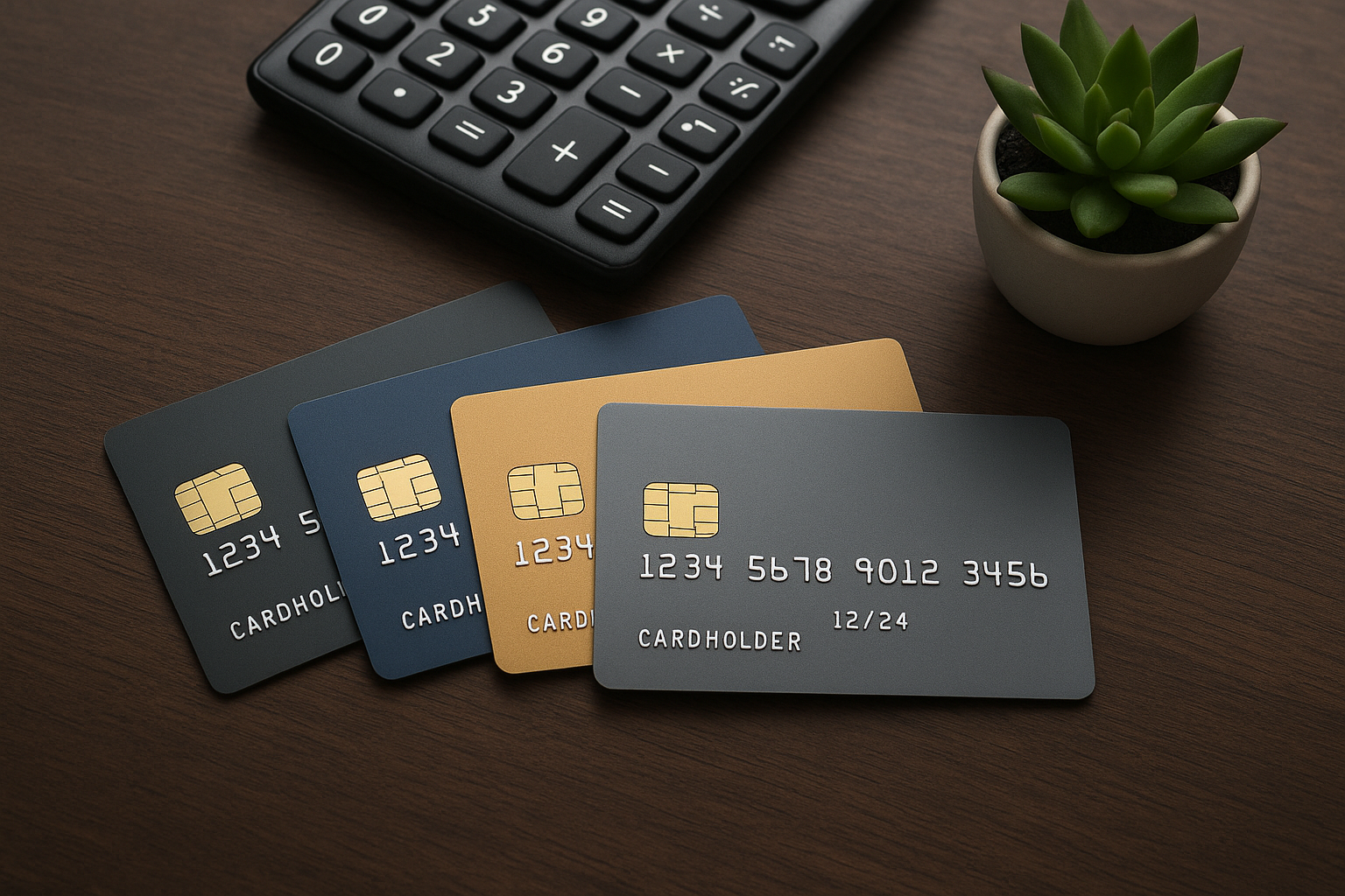 Several unbranded business credit cards arranged for comparison on a desk