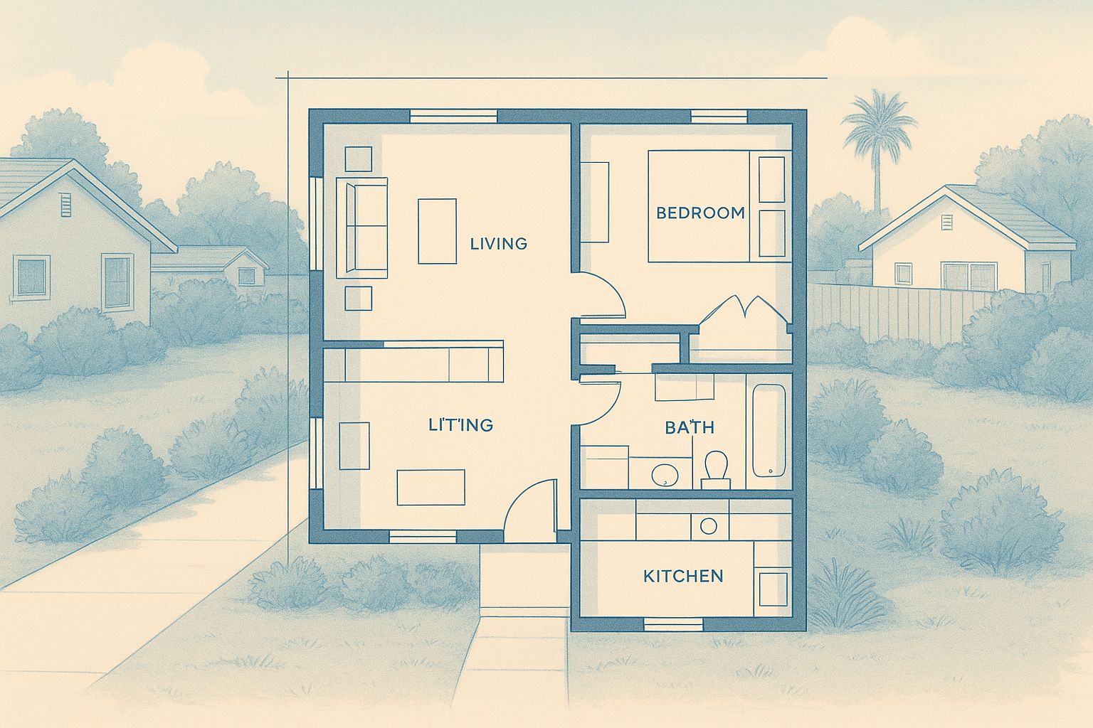 Custom ADU floor plan pricing in Orange County shown on an architectural blueprint with backyard unit rendering