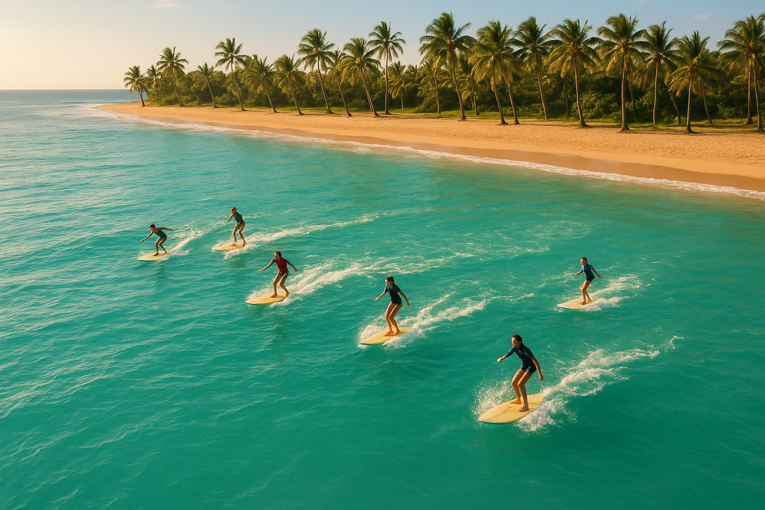 Beginner surfers riding gentle waves during a Waikiki surf coaching session