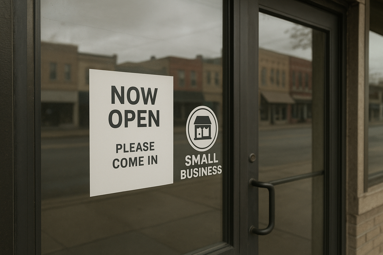 Small business storefront displaying simple branded signage and flyer