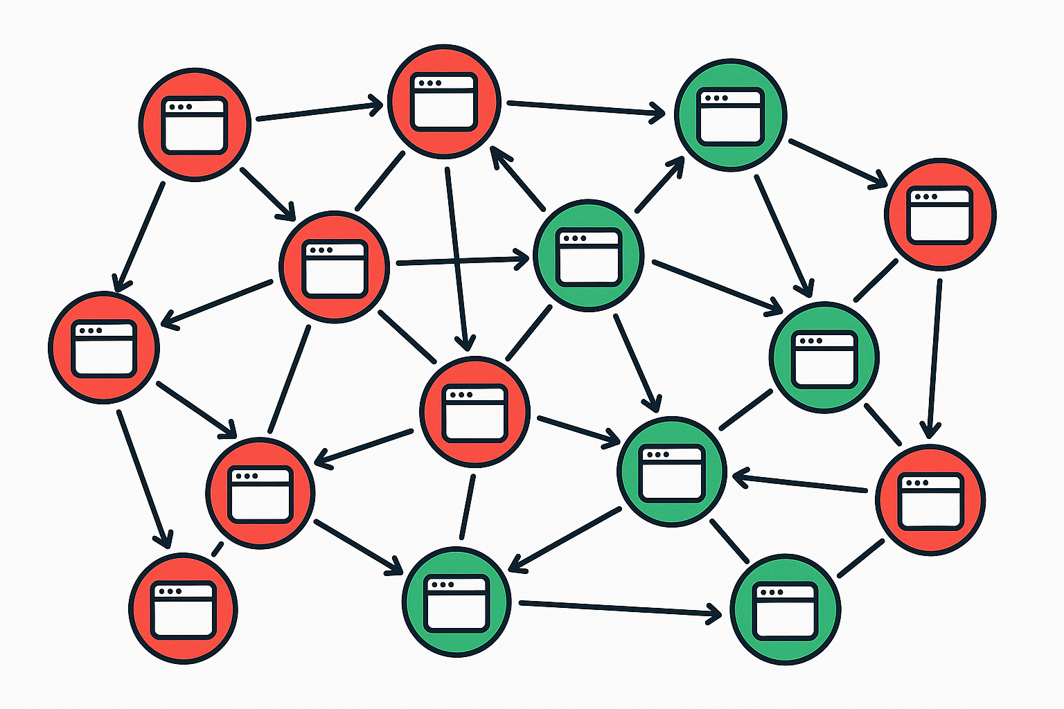 Illustration of a website link network showing healthy green backlinks and toxic red backlinks