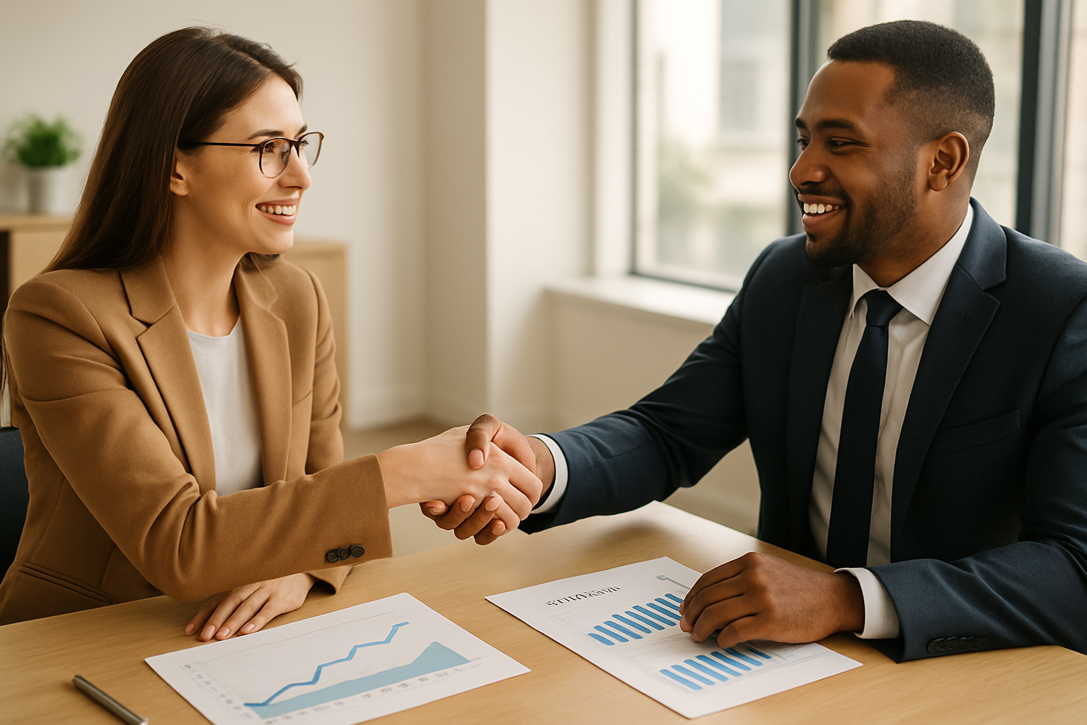 Business leader and HR consulting advisor shaking hands over a growth strategy document
