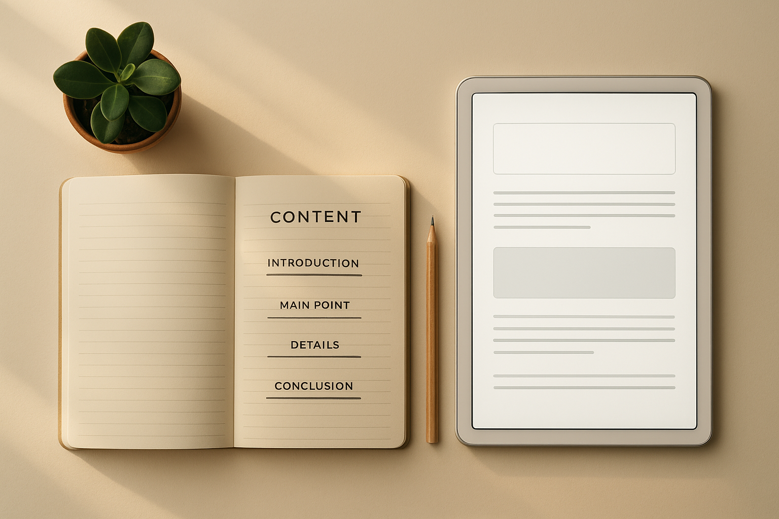 Content strategist planning structured GEO artifacts on a notebook and tablet for AI search optimization