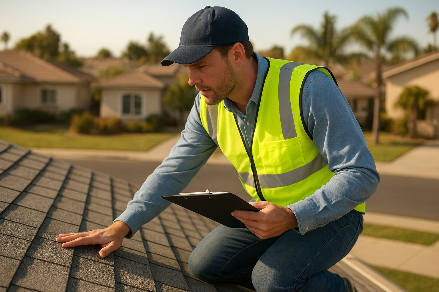 Home inspector from 21st Century Home Inspections LLC examining a roof in a Bay Area neighborhood