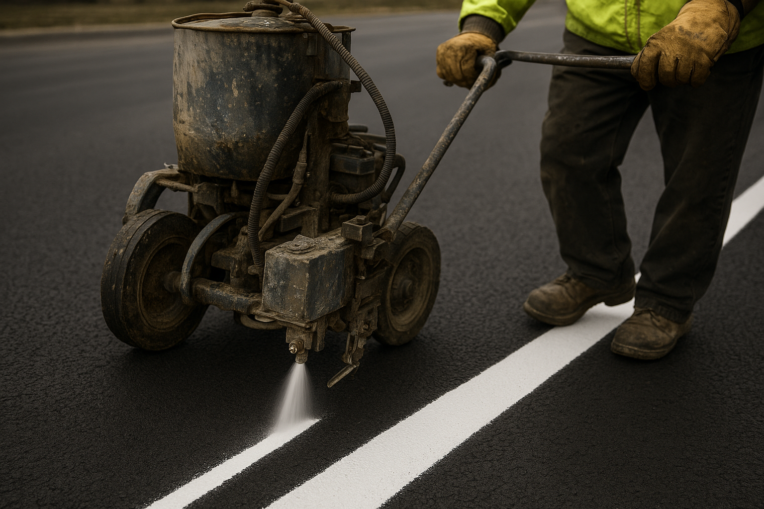 Line striping machine applying fresh white parking lines during a North Texas restriping project