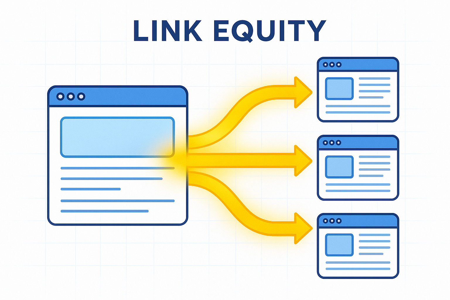 Infographic showing how link equity flows through internal links from high-authority pages to target pages
