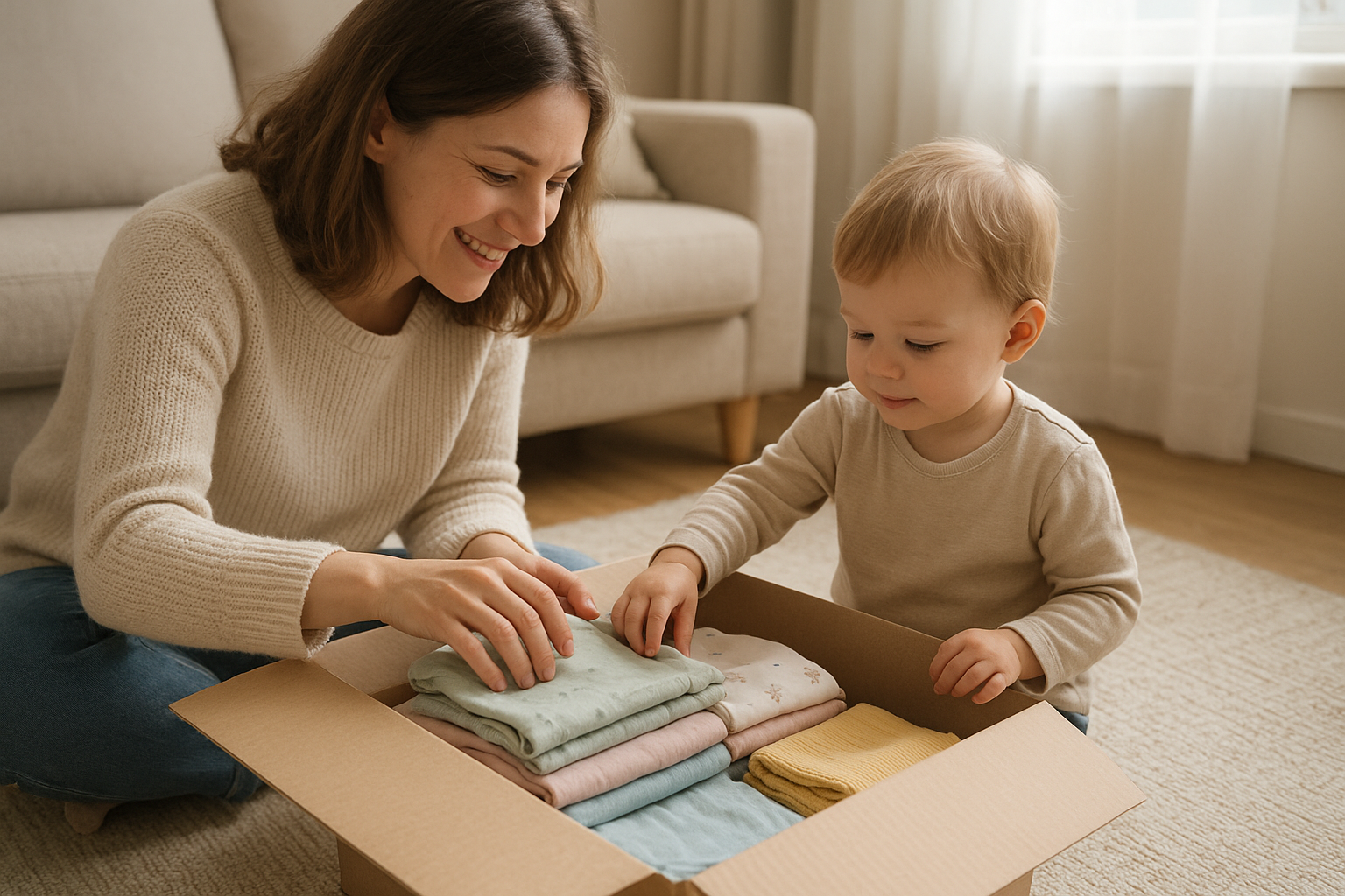 Parent and child unboxing a fresh bundle from a children's clothing rental subscription
