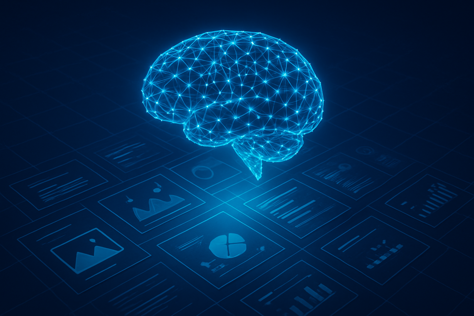 AI-driven content marketing concept showing a digital brain connected to content and analytics dashboards