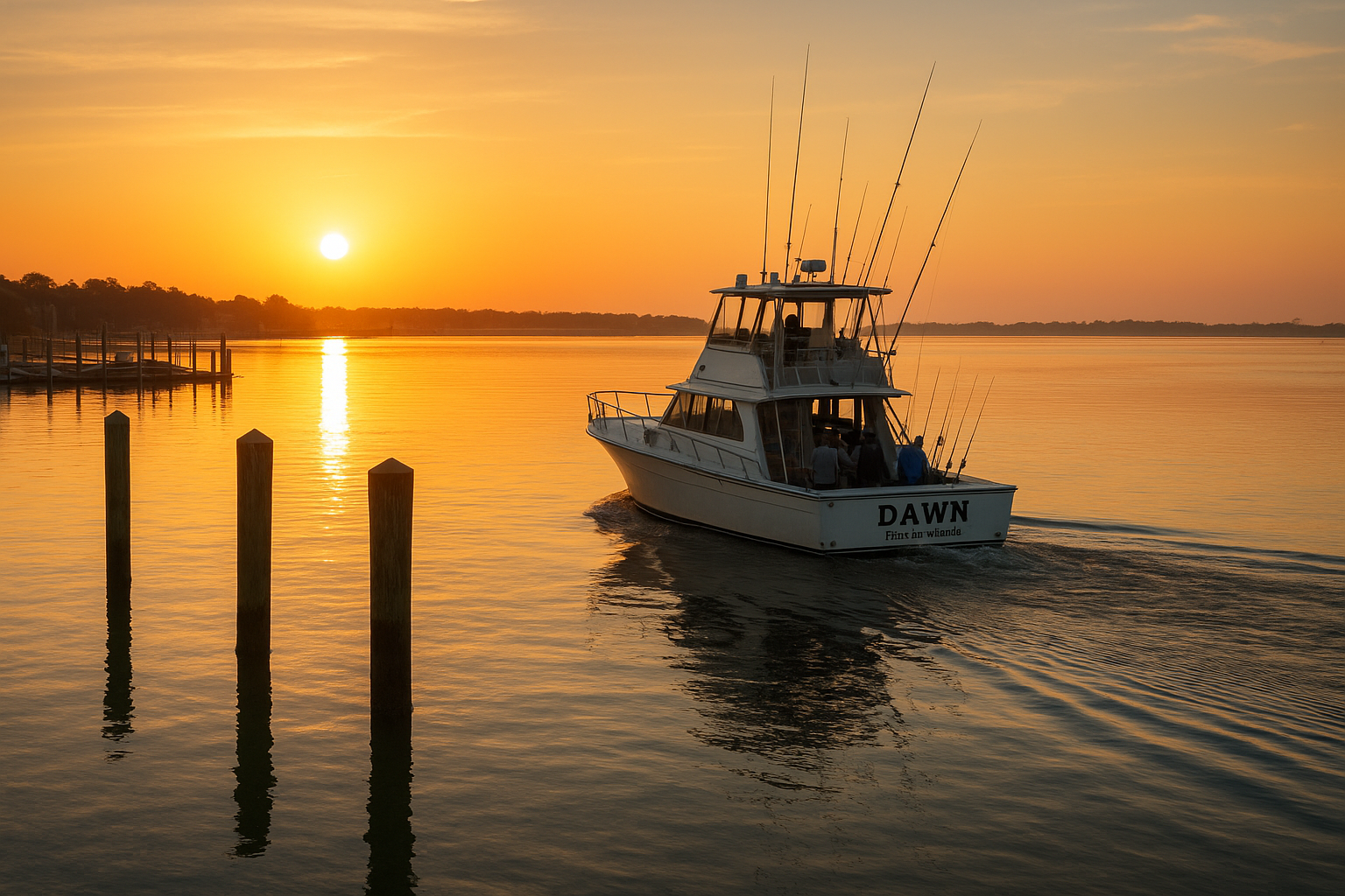 Charter fishing near me boat departing a North Myrtle Beach marina at sunrise