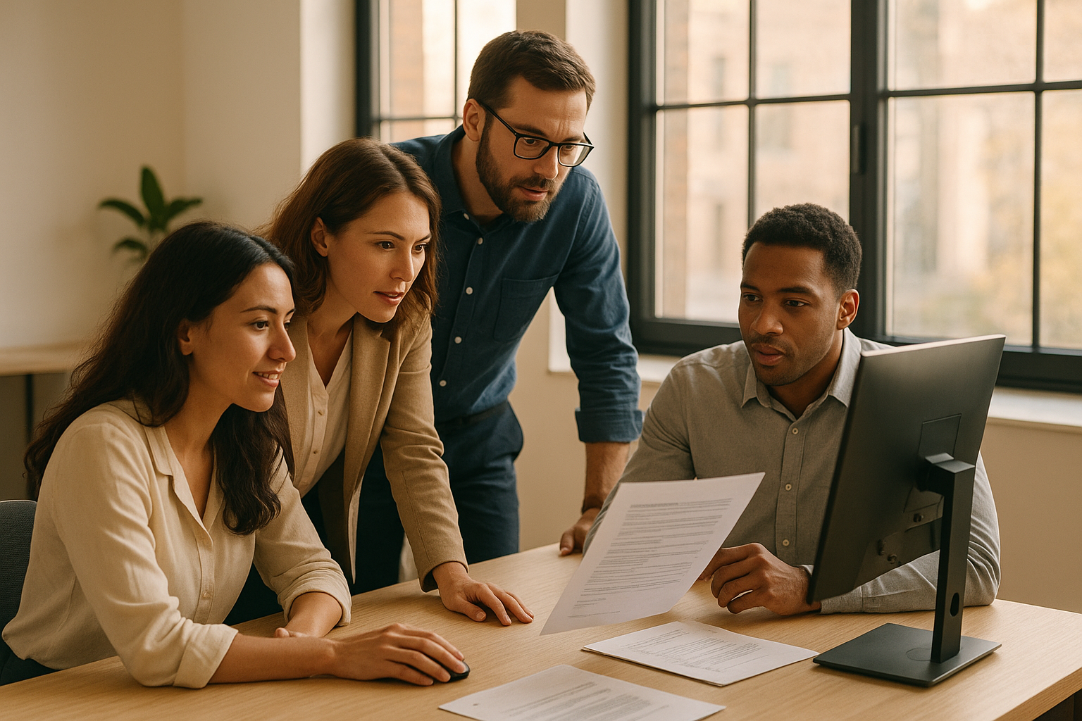 Small business team collaborating on shared files stored on a cloud network drive