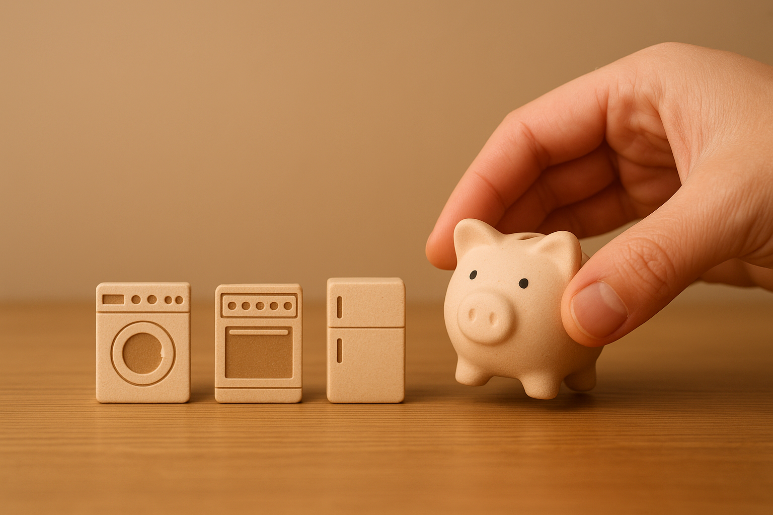 Piggy bank beside appliance icons representing affordable appliance services and repair budgeting