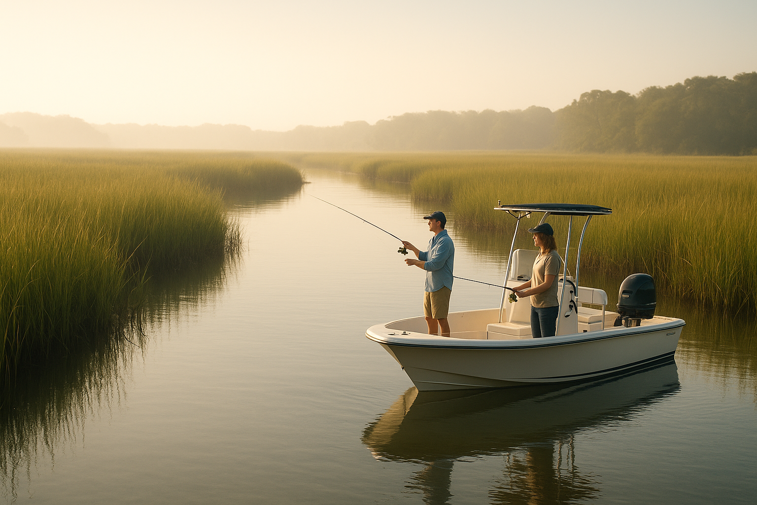 Beginner anglers on an inshore fishing trip near Myrtle Beach casting lines in a calm marsh creek