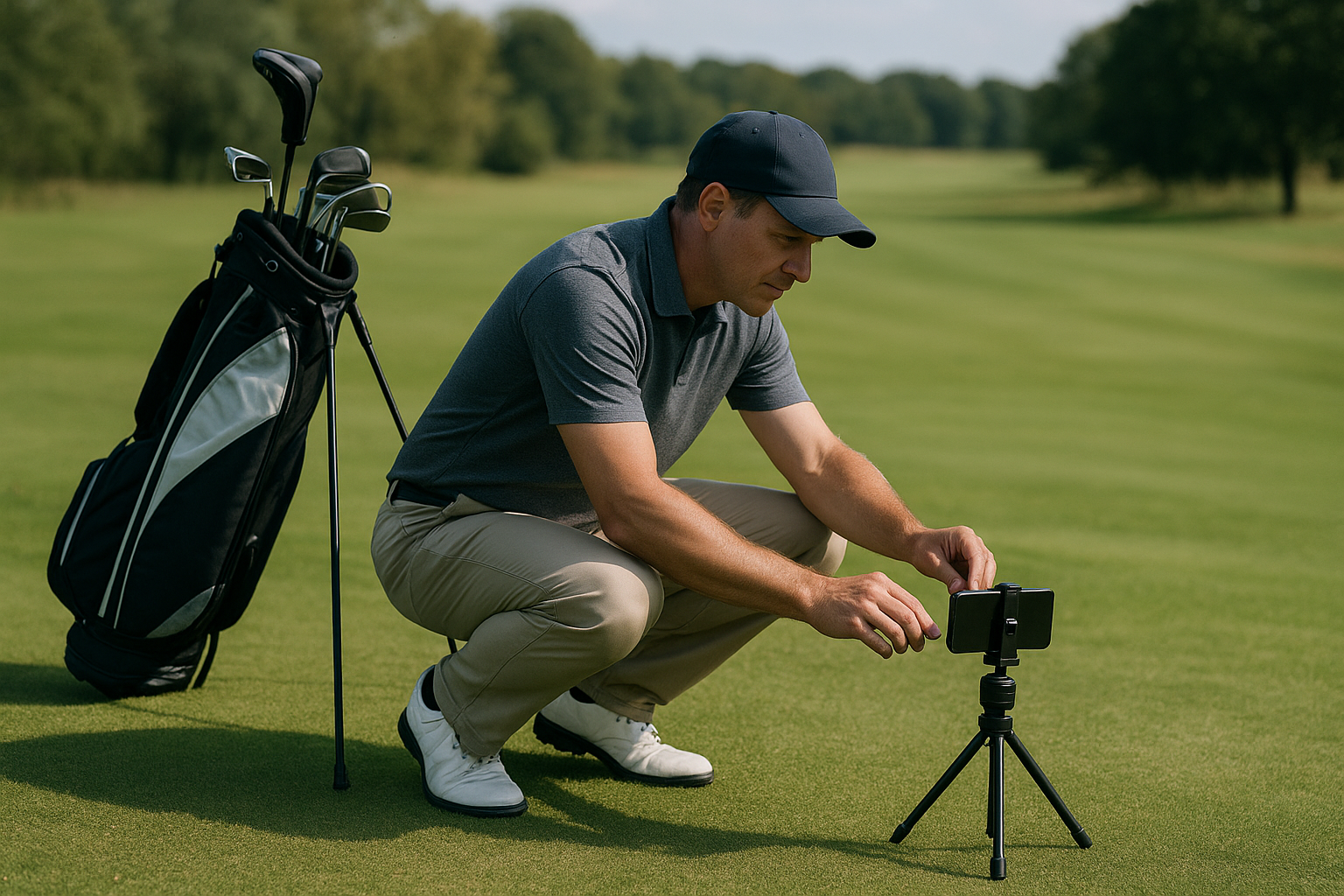 Golfer setting up smartphone tripod to record swing for virtual coaching feedback