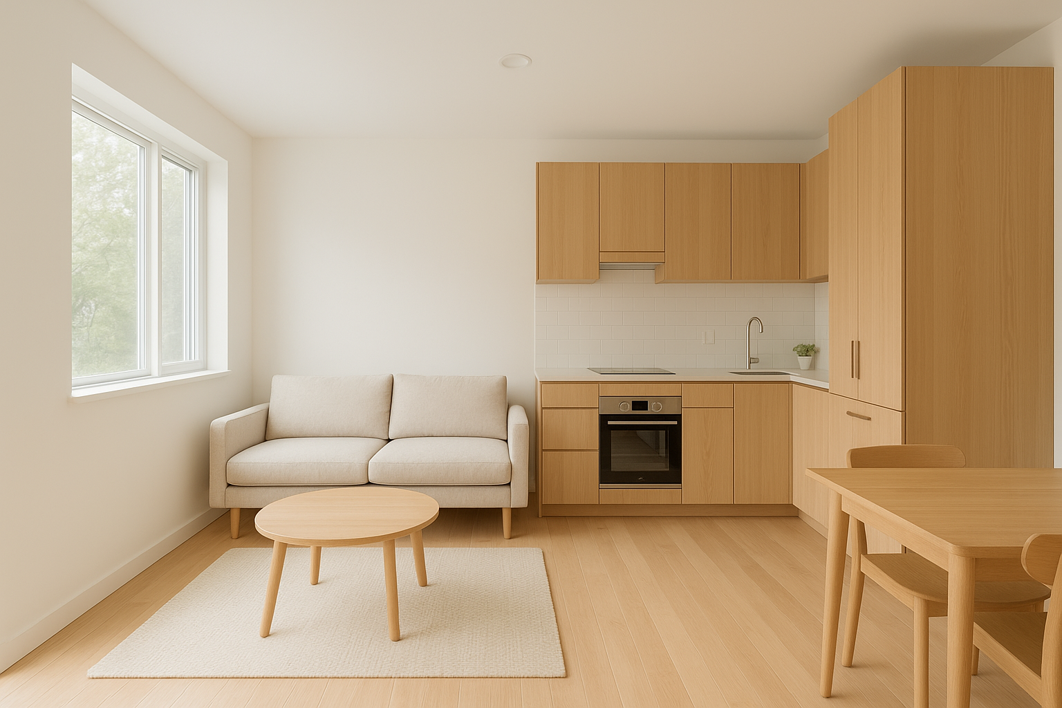 Bright minimalist interior of a small prefab ADU living space