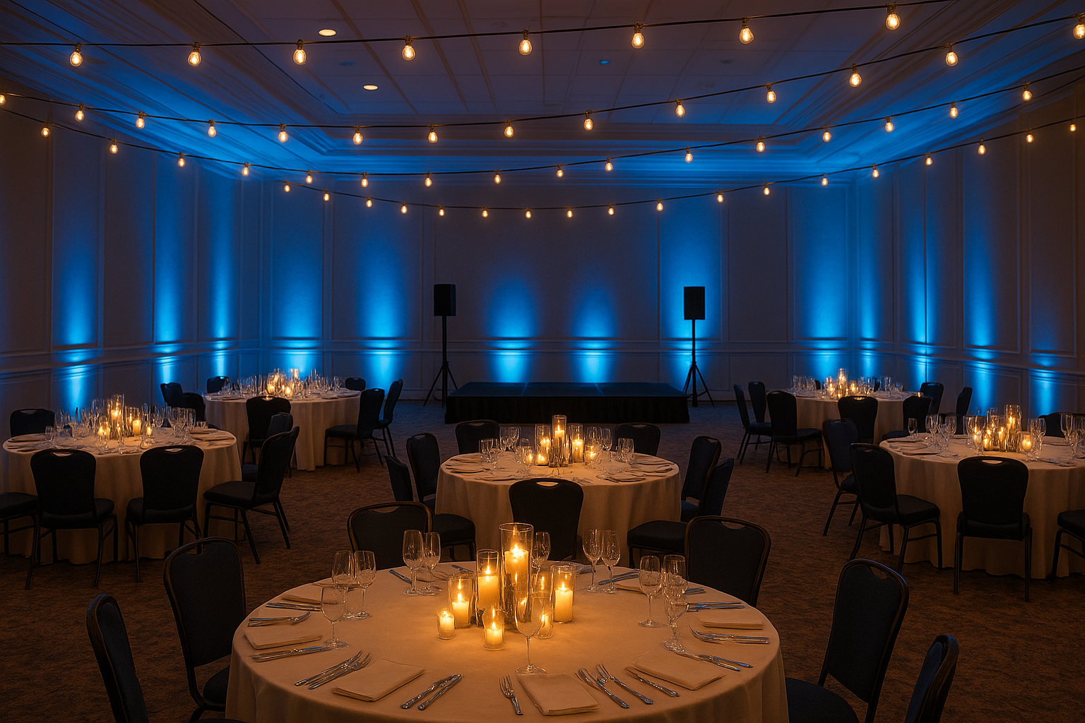 Corporate gala event space with ambient uplighting and sound equipment staged near Owensboro