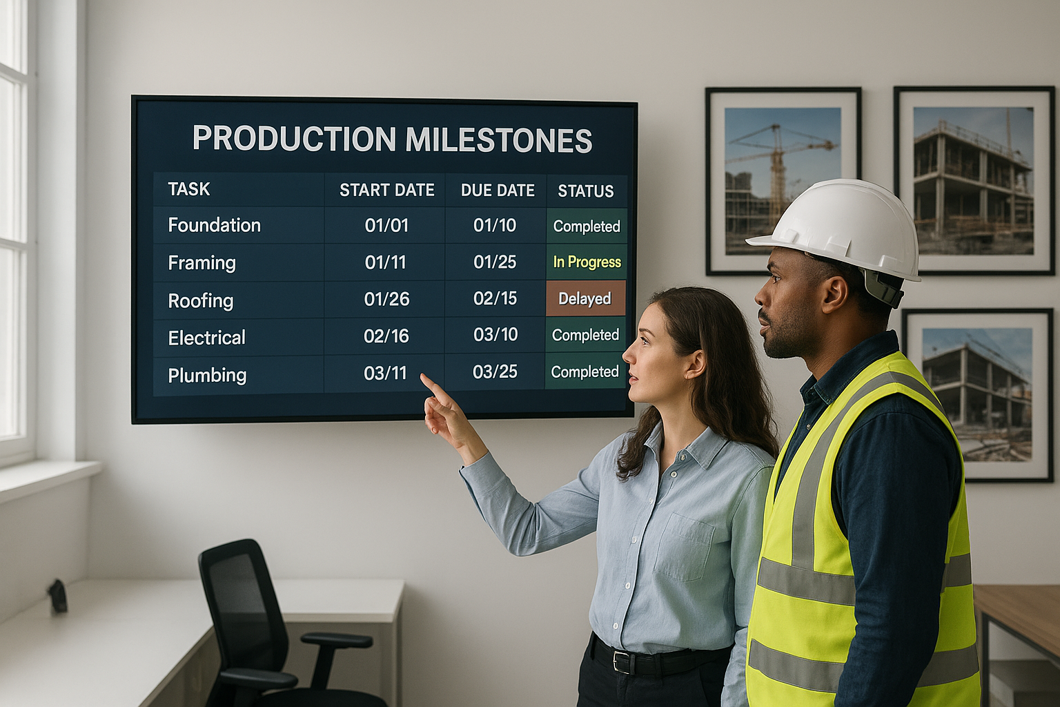 Office and production team reviewing a job board connected to lead management software