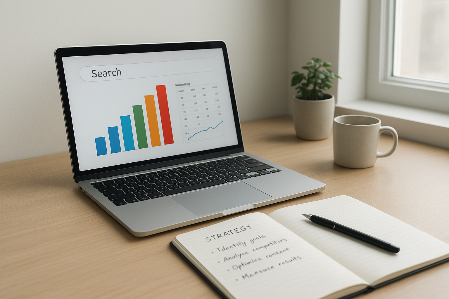 Laptop showing search ranking analytics used to define an SEO value proposition