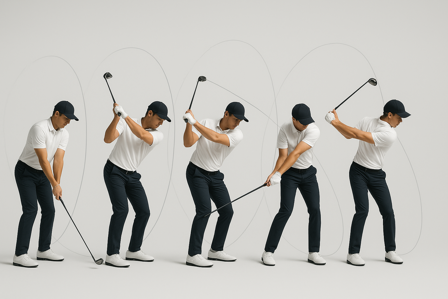 Five-frame golf swing sequence used to demonstrate feedback-driven golf coaching analysis