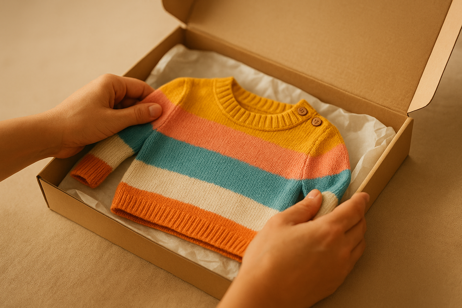 Parent packing a children's sweater for a clothing swap return