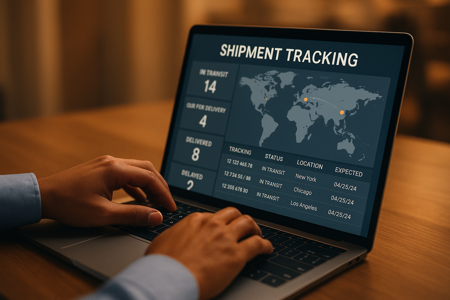 Logistics professional checking cross-border shipment tracking data on a laptop dashboard