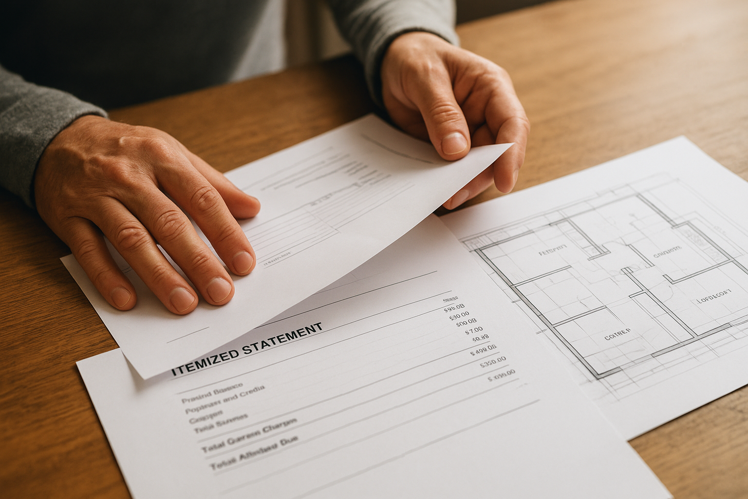 Homeowner reviewing ADU financing paperwork and construction loan documents on a table