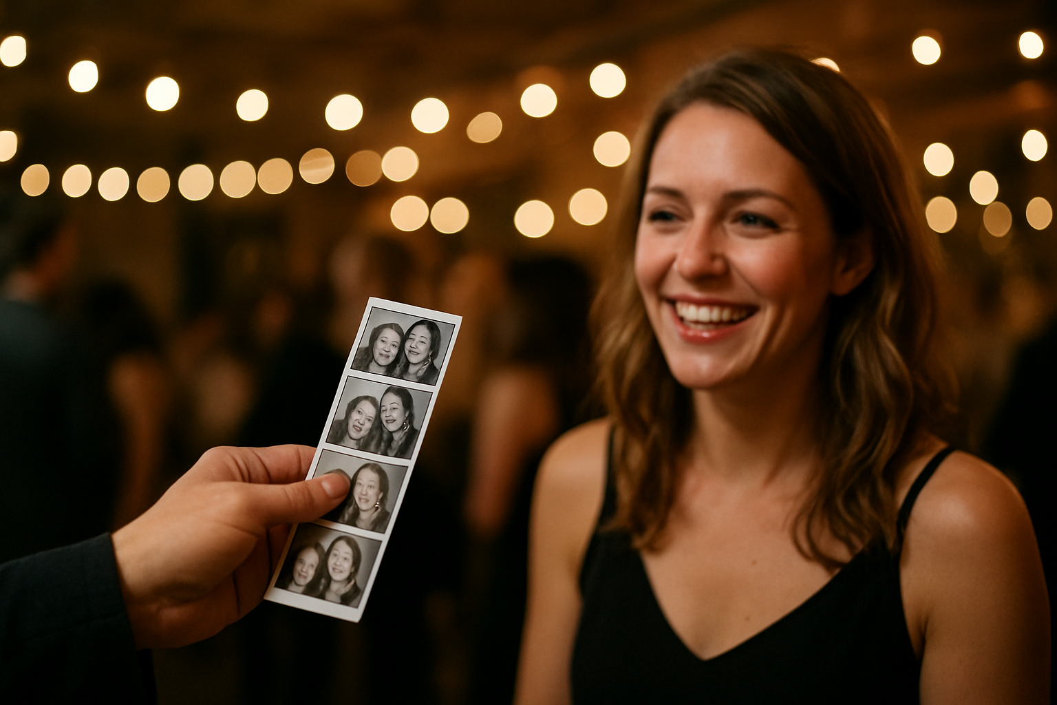 Guest receiving a freshly printed photo strip from a photo booth shop attendant