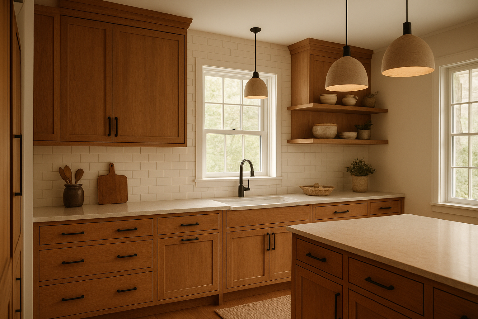 Warm wood-toned kitchen cabinets paired with matte black accents in a modern farmhouse kitchen