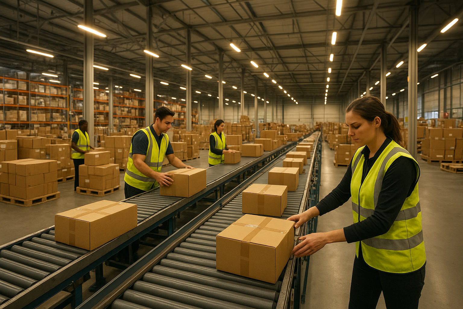 Workers sorting packages inside a distribution hub similar to facilities that offer fedex warehouse jobs