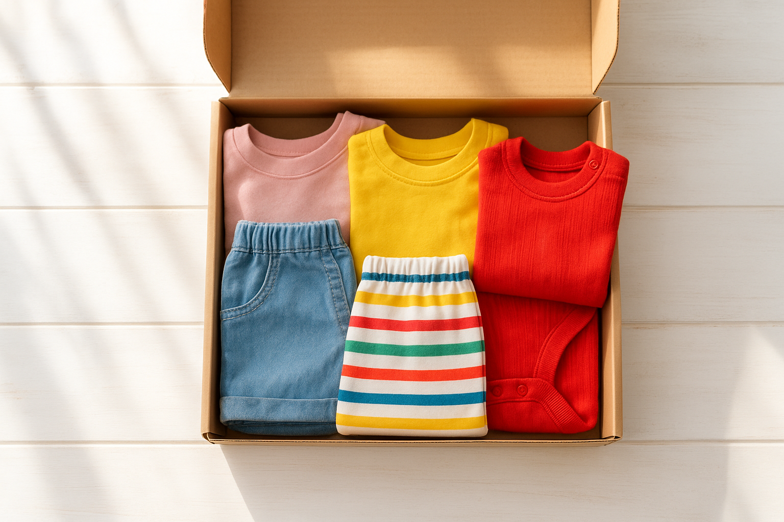 Open children's outfit subscription box with colorful folded kids' clothing on a white table